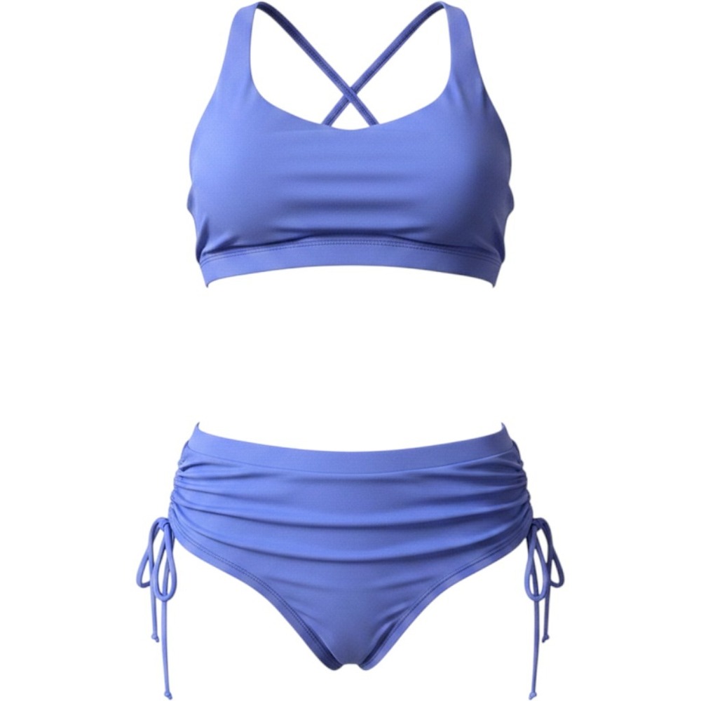 Onzie Purple Blue Strappy Sports Bra and Side Tie Shorts Activewear Set